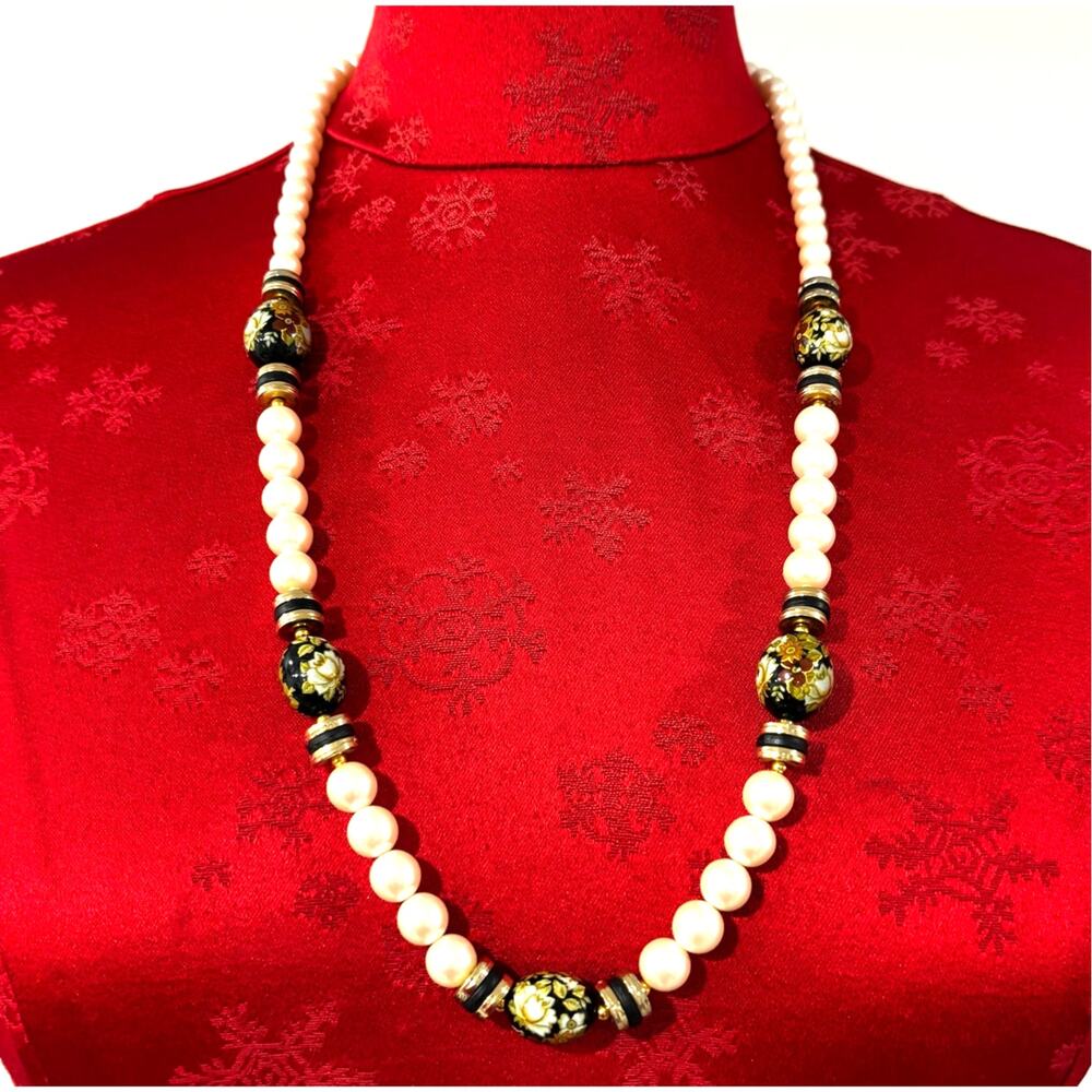 Vintage 1980’s Japan beaded necklace faux pearl & Cloisonne beads 28" strand